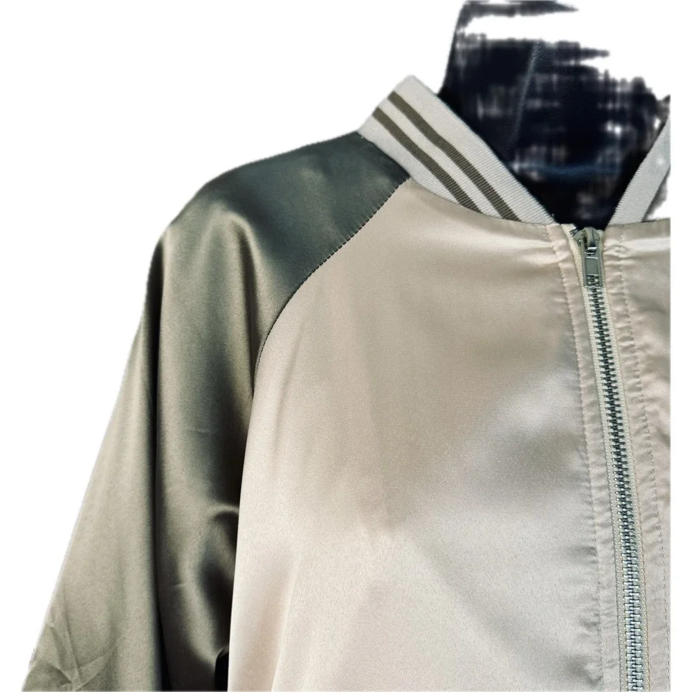 Hem &‎ Thread Bomber Zip Jacket Medium Pink Brown Colorblock Satin Raglan Sleeve
